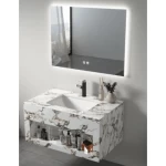Modern Artificial Marble Bathroom Wash Basin With LED Mirrors and Shelf, White With Golden Veins Color, Size 80×50 cm