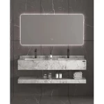 Double Basin WashBasin Basin Artificial Marble, Width 140 cm, Depth 50 cm, Height 25 cm with LED Mirror, Shiny grey