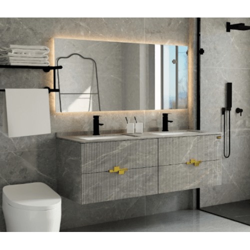 Wooden Cabinet Wash Basin Two Ceramic Basins LED Mirror 150×50×54 cm Dark Gray | Algafary Sanitary ware