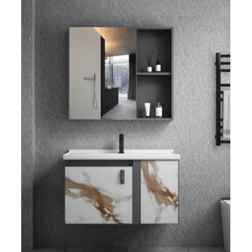 Aluminum Wall Hung Wash Basin 60×47 cm with Mirrored Medicine Cabinet, White Golden Marble | Al Muhaidib Sanitary and Ceramic