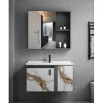 Aluminum Wall Hung 60×47 cm, with Mirrored Medicine Cabinet, White Golden Marble Color