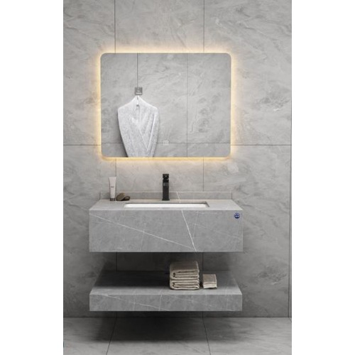 Artificial Marble Washbasin 80 cm with LED Mirror, Leaden White Veins | Algafary Sanitary ware