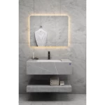 Artificial Marble Normal WashBasin 80 cm, Laser Basin with LED Mirror, Leaden With White Veins Color