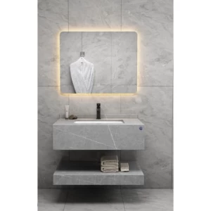 Artificial Marble Washbasin 80 cm with LED Mirror, Leaden White Veins | Algafary Sanitary ware