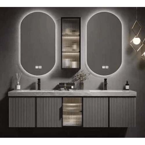 Marble Top Wash Basin Double Bowl 140 cm, Gray with Wooden Cabinet | Al Muhaidib Sanitary and Ceramic