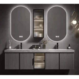 Marble Top Wash Basin Double Bowl 140 cm, Gray with Wooden Cabinet | Al Muhaidib Sanitary and Ceramic