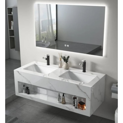 Double Basin 120×50 cm Artificial Marble Wash Basin with LED Mirror, Marbled White | Albayt Alaniq Sanitary Tools