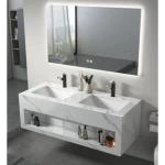 Double Basin Morden Artificial Marble Bath Wash Basin, 120×50 cm with LED Mirror, Marbled White Color