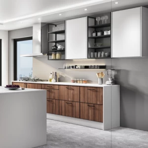 Aluminum Kitchen Oak Color Artificial Acrylic Marble, Hydraulic Hinges | Abyat Company