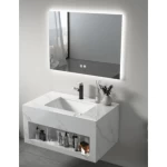 Modern Artificial Marble Decorative Wash Basin With LED Mirrors and Shelf, Marbled white Color, Size 80×50 cm