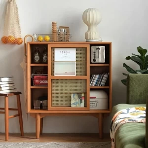 Natural Wood Storage Cabinet 97x83x36 cm with Rattan | Revvvd Factory
