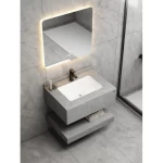 Single Basin Artificial Marble Bathroom 80 cm, Laser Basin with LED Mirror, Leaden With White Veins