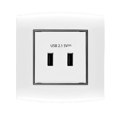 فيش شاحن USB مزدوج 2.1 أمبير 7x7 سم أبيض بحلقة سوداء | شركة الفنار