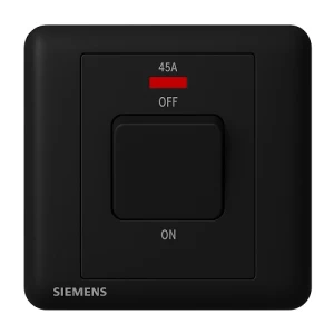 45A 1 Gang Double Pole Switch with Neon Indicator, Black, 86x86mm, 250V | Siemens (Delta Seata)