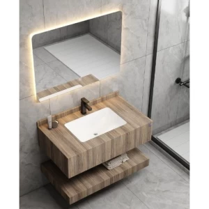 Artificial Marble Bath Washbasin 100 cm, Laser Basin with LED Mirror, Wooden | Algafary Sanitary ware