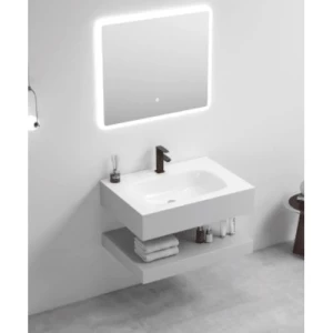 Artificial Marble Sink with Porcelain Sides and Shelf, LED Mirrors, 60×50×80 cm, White, Ceramic Basin | Al Muhaidib Sanitary and Ceramic