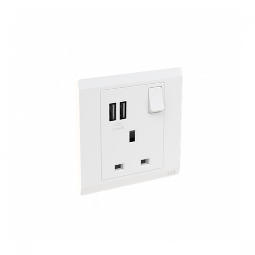 Socket with switch 1 gang 13 Amp with two USB outputs, 7x7 cm, White, Model BL261/WE | Green Home Trading