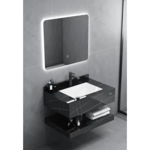 Artificial Marble Washbasin 60×50 cm Shiny Black with LED Mirror and Laser | Albayt Alaniq Sanitary Tools