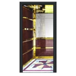 كابينة مصعد PVC مرآة نصفية، زوايا ذهبية، وأرضية فنية متعددة الألوان بتصميم نجمي