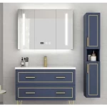 Bathroom Cabin with Sink and Mirror, Size 80 cm, Blue Color with Gold Decoration