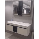 Marble Surface Ceramic Wash Basin Double Bowl Size 120 cm, Light woody Color with Wooden Cabinet