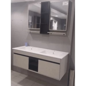 Marble Surface Ceramic Wash Basin Double Bowl 120 cm, Light Woody Color with Wooden Cabinet | Al Muhaidib Sanitary and Ceramic