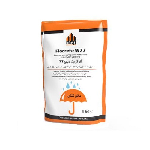 إضافة كيميائية عازل مائي للخرسانة فلوكريت دبليو 77 كيس 1 kg، لون أبيض | شركة دي سي بي للمواد الإنشائية (DCP)