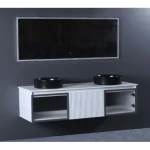 Marble Surface Ceramic Decorative Wash Basin Double Bowl Size 140 cm, White with Wooden Cabinet