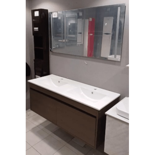 Marble Surface Ceramic Bathroom Washbasin Double Bowl 120 cm, Dark Wood with Wooden Cabinet | Al Muhaidib Sanitary and Ceramic