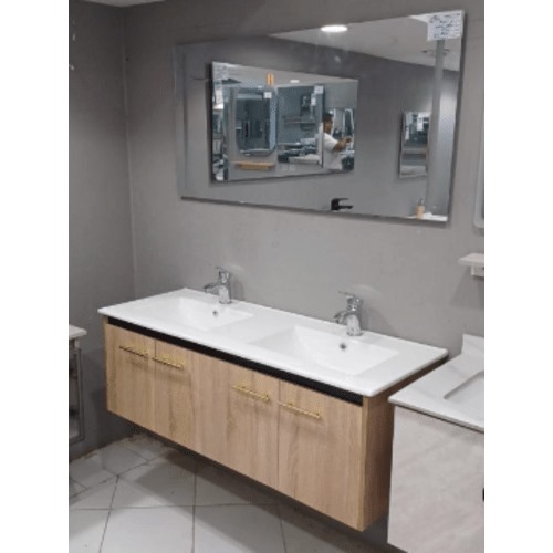 Marble Surface Ceramic Wash Basin Double Bowl 120 cm, Light Woody with Wooden Cabinet | Al Muhaidib Sanitary and Ceramic