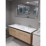 Marble Surface Ceramic Wash Basin Double Bowl Size 120 cm, Light Woody Color with Wooden Cabinet