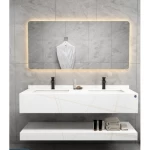 Double Normal Basin Artificial Marble Bathroom with LED Mirror Size 150 cm, White With Golden Veins Color