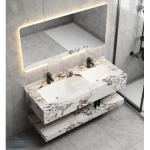 Artificial Marble Double Washbasin Size 150 cm, Laser Basin with LED Mirror, White and Brown Color