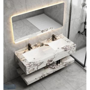 Artificial Marble Double Washbasin 150 cm, Laser Basin with LED Mirror White and Brown | Algafary Sanitary ware