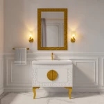 خزانة حمام خشبية مرتكزة على الأرض مع مرآة، لون أبيض وذهبي، مقاس 80 سم