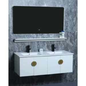 Marble Surface Ceramic Wash Basin Double Bowl LED Mirror 120 cm, Wooden Cabinet White | Al Muhaidib Sanitary and Ceramic