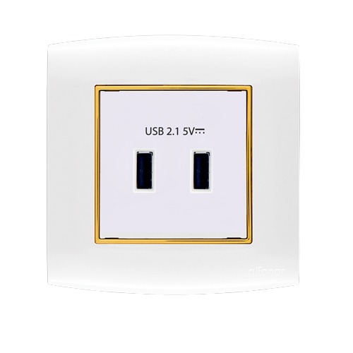 USB Charger Socket 2g 13 Amp 7x7 cm White with Gold Ring | Al Fanar
