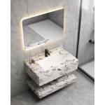 Artificial Marble Washbasin Size 100 cm, Laser Basin with LED Mirror, White and Brown