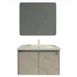 Wooden Washbasin With Ceramic Basin and LED Mirror, Dimensions 80×48×45 cm, Beige Color