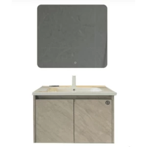 Wooden Washbasin With Ceramic Basin and LED Mirror, 80×48×45 cm, Beige | Algafary Sanitary ware