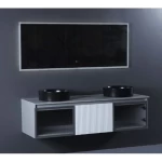 Marble Surface Ceramic Wash Basin Double Bowl Size 140 cm, Light Gray Color with Wooden Cabinet