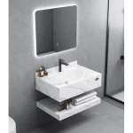 Shiny Artificial Marble Bathroom Wash Basin With LED Mirrors and Shelf, Size 60×50×25 cm, White Color