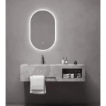 Shiny Grey Single Basin Artificial Marble Wash Basin, Size 120×50×25 cm, With LED Mirrors and Black shelf