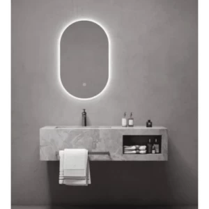 Shiny Grey Single Basin Artificial Marble Wash Basin 120×50×25 cm with LED Mirrors & Black Shelf | Albayt Alaniq Sanitary Tools