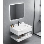 Shiny Artificial Marble Bathroom Wash Basin, Size 100×50×25 cm, With LED Mirrors and Shelf, White Color