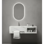 Single Basin Artificial Marble Wash Basin, White Color, Size 120×50×25 cm, With LED Mirrors and Black shelf