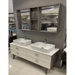 Two Basins Ceramic Marble Top Wash Basin With Wooden Cabinet, Size 140 cm, White Color