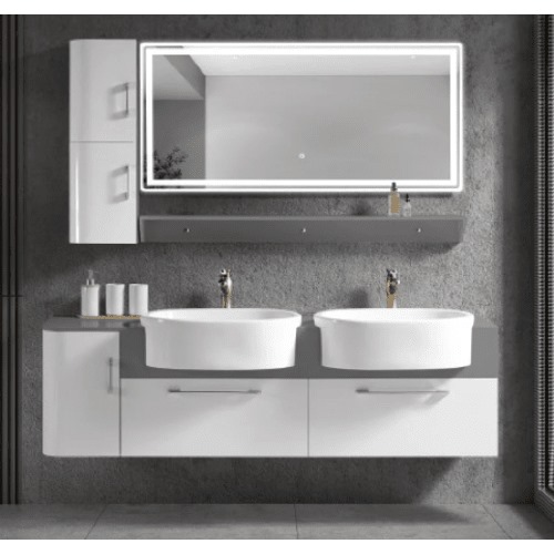Bathroom Washbasin with Two Basin Mirror 160 cm, Grey Color | Al Muhaidib Sanitary and Ceramic