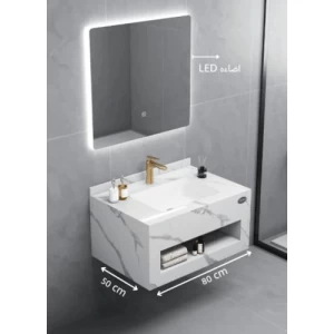 Artificial Marble Washbasin 80 cm Size, 50 cm Depth White with LED Mirror | Albayt Alaniq Sanitary Tools