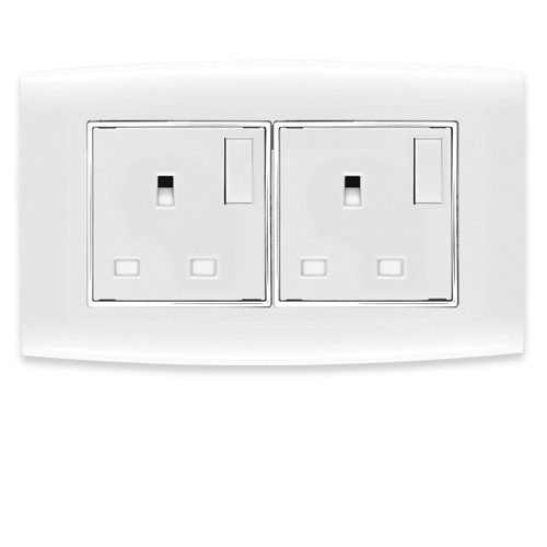 Electrical Switch Socket 2 Gang 2 Way 13 Amp 7x14 cm White Chrome Ring | Al Fanar